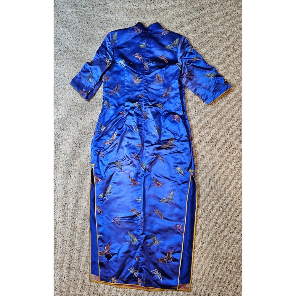 Blue Satin Butterfly Embroidered Cheongsam Qipao Maxi Dress Mandarin Collar - Picture 11 of 16